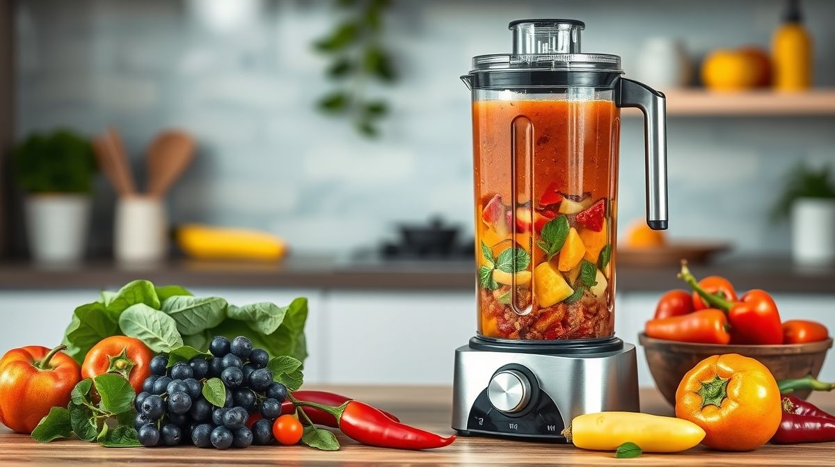Imagem detalhada mostrando o preparo do Suco Best Bronze Antioxidante no liquidificador, com frutas e legumes frescos, cenoura, maçã, beterraba e pimenta rosa visíveis, cenário de cozinha moderna e limpa