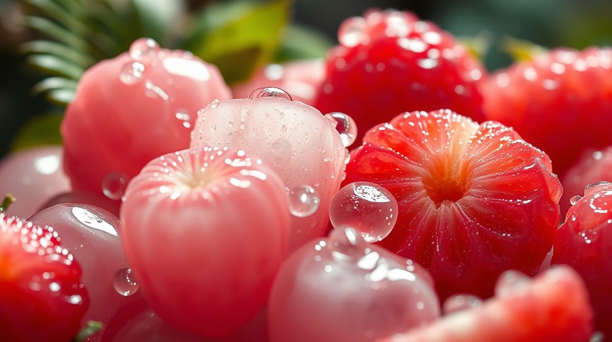 imagem close-up de acerolas frescas e maduras, com gotas de água, sobre uma superfície de madeira natural, luz natural e foco nítido, estilo fotográfico realista