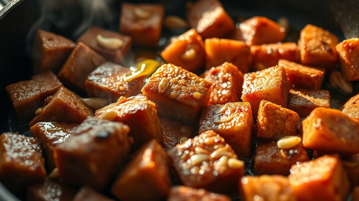 Close-up de filé mignon dourado em cubos sendo refogado na frigideira com alho e azeite, ambiente de cozinha caseira