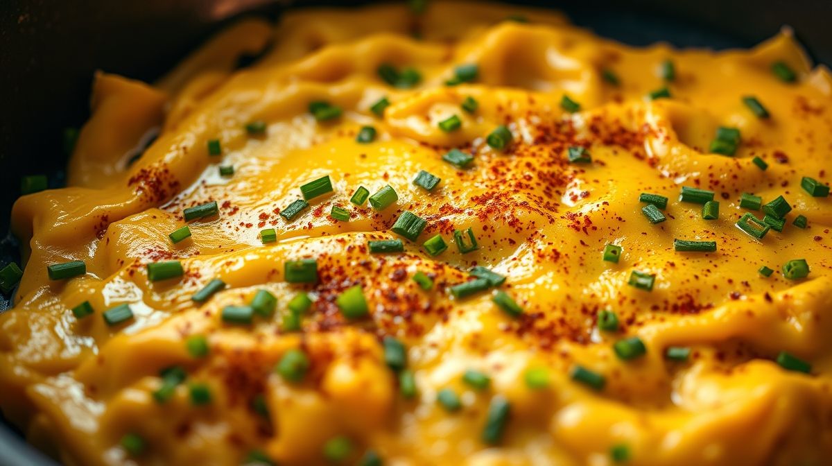 close-up de ovo mexido temperado na frigideira, com manchas de páprica defumada e cebolinha picada, textura cremosa e vibrante