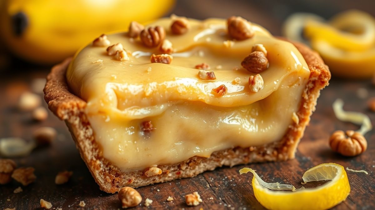 Imagem detalhada do interior da torta de bananada caseira mostrando o recheio cremoso de doce de banana com textura brilhante, acompanhada de castanhas moídas e raspas de limão, em estilo food photography com foco nítido e cores vibrantes
