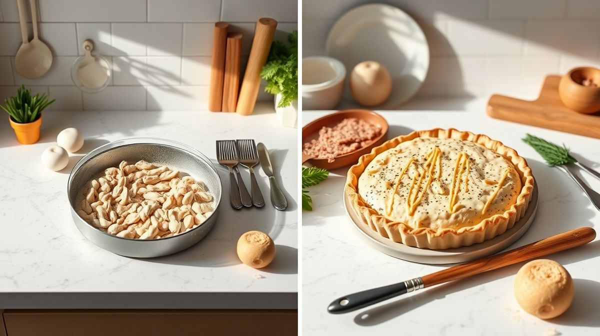 Imagem do passo a passo da preparação da torta de frango fit, mostrando o recheio cremoso, massa integral, e utensílios de cozinha modernos em uma bancada limpa