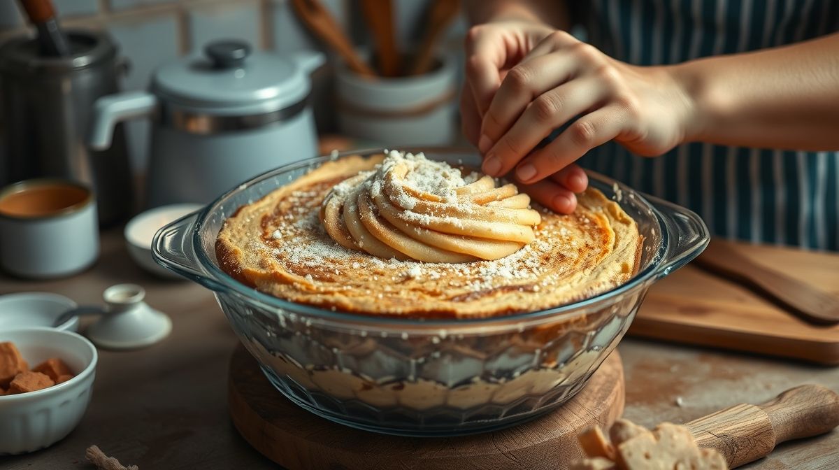 Imagem detalhada do preparo da massa da torta sem liquidificador, mãos mexendo ingredientes com colher de pau em tigela, ambiente de cozinha caseira, utensílios simples, luz ambiente acolhedora