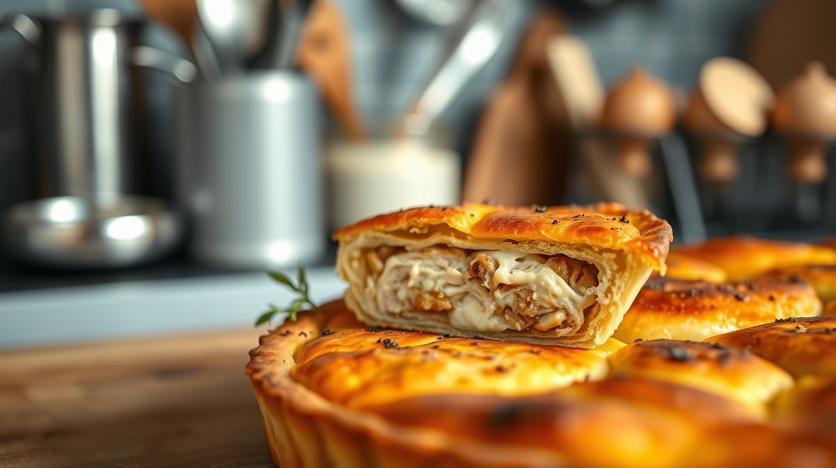 Close-up of low carb chicken mini pie with tapioca dough, showing golden texture and creamy filling, modern kitchen setting with preparation utensils in the background