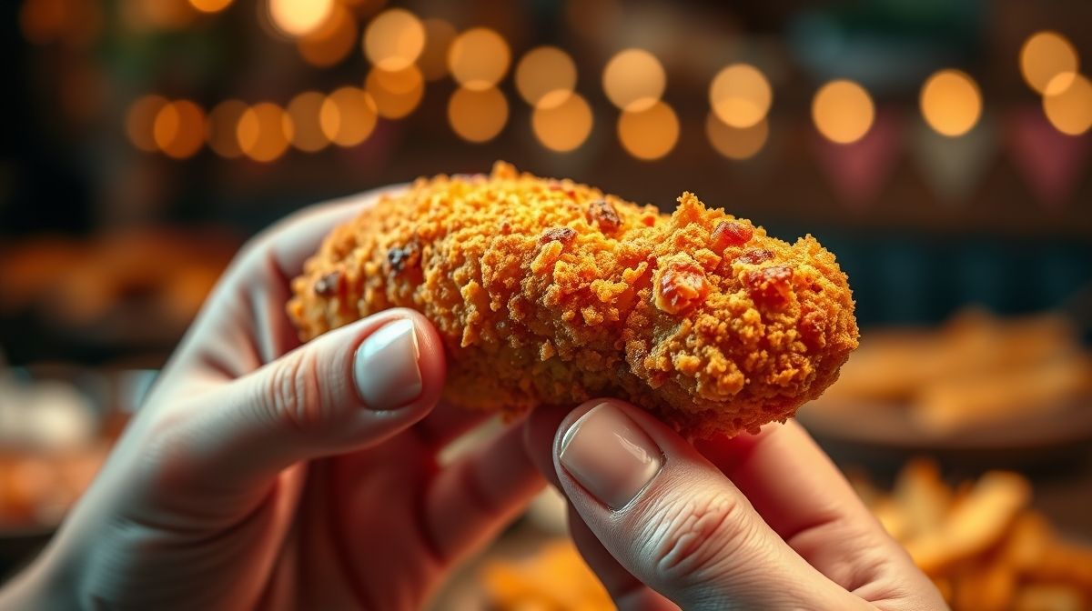 Close-up de tulipa de frango empanada dourada e crocante sendo segurada com as mãos, fundo desfocado de mesa de lanche
