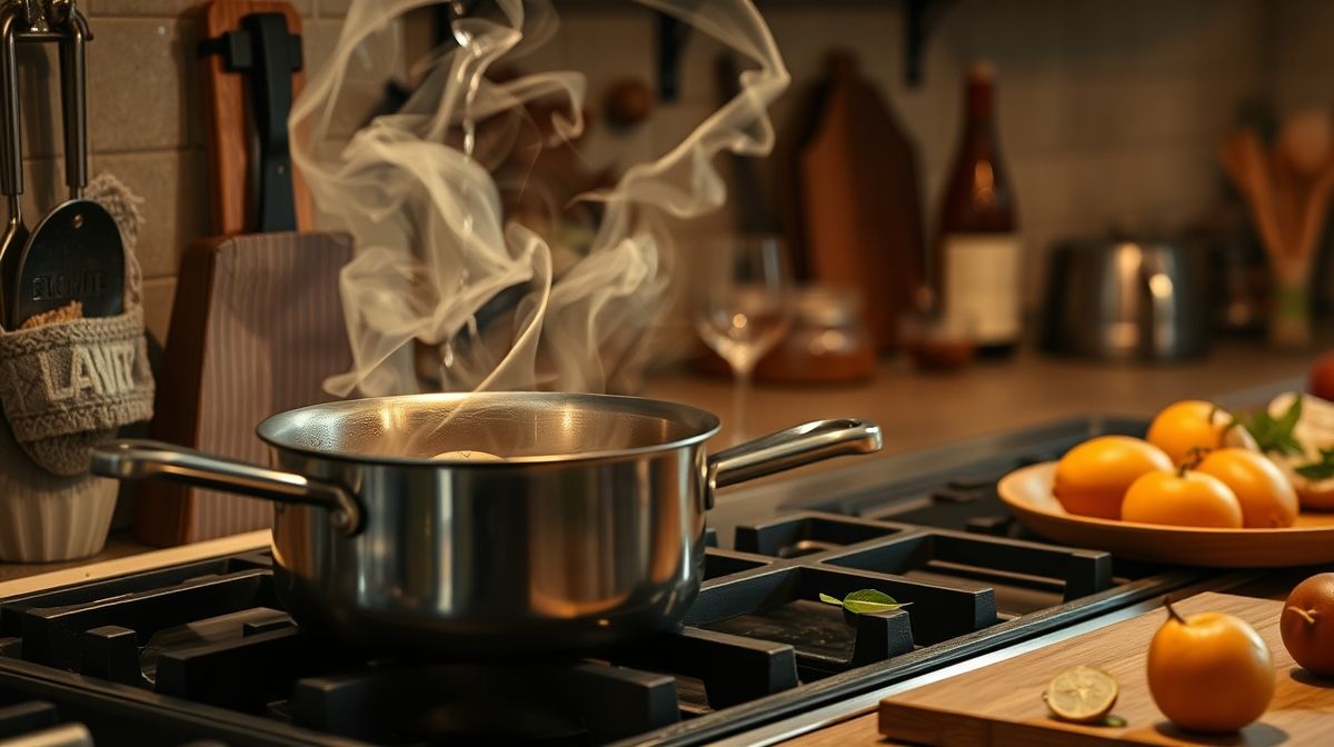 Detalhe de uma panela grande cozinhando vinho quente com paus de canela, cravos, cascas de laranja e pedaços de maçã e abacaxi, em cozinha rústica e iluminada