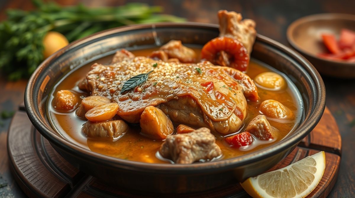 Imagem detalhada do prato xinxim de bofe com o molho cremoso à base de amendoim e azeite de dendê, servido em travessa grande, destacando a textura do bofe, castanhas e coentro, estilo culinária regional brasileira