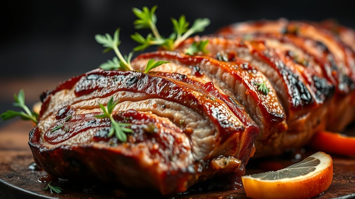Close-up de costelinha de porco assada em grelha, com textura suculenta e dourada, acompanhada de ervas frescas e especiarias, em fundo escuro para destacar a carne, fotografia culinária