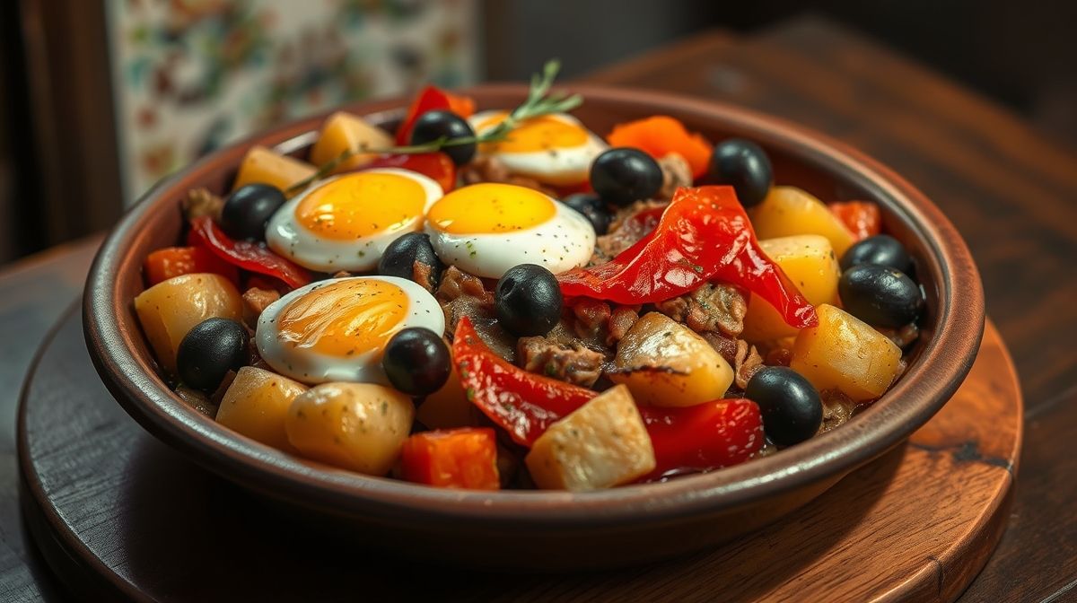Bacalhau à Gomes de Sá servido em travessa rústica com camadas visíveis de batatas, ovos, pimentão e azeitonas, prato típico português, visual apetitoso e caseiro