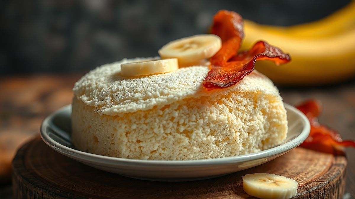 close-up de farofa caseira com pedaços de banana e bacon crocante, iluminação natural, fundo desfocado estilo culinária brasileira