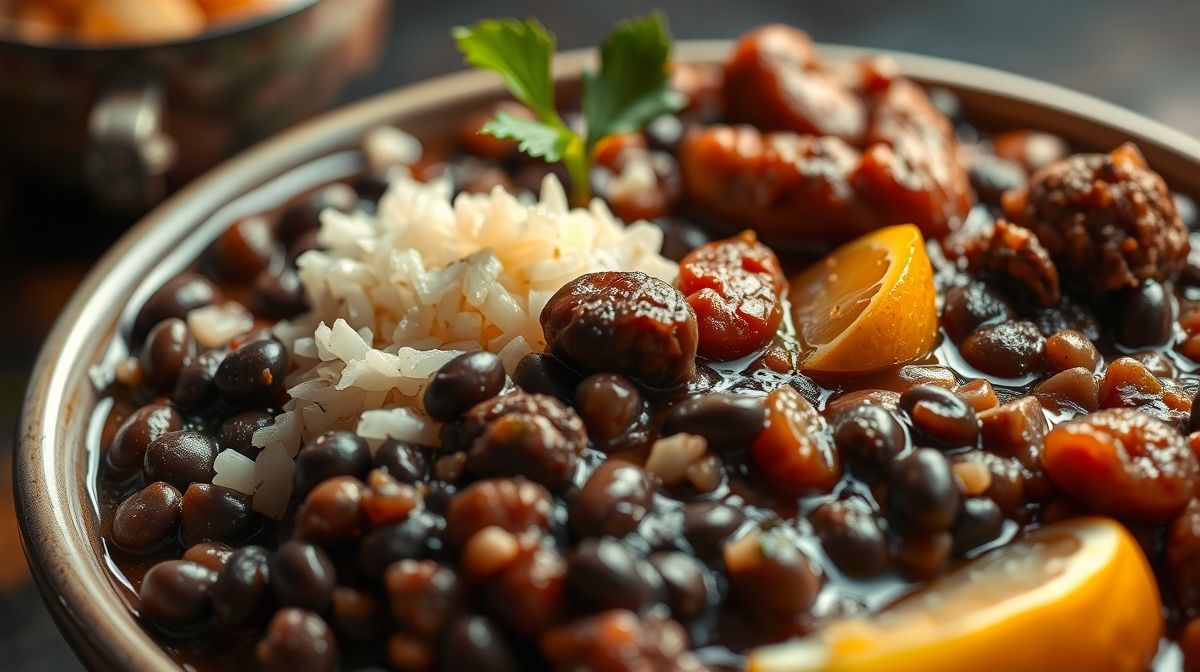 Close-up detalhado de uma porção de feijoada servida em prato branco, com feijão preto, carnes típicas e acompanhamentos visíveis como arroz, couve e laranja, iluminado de forma natural e apetitosa