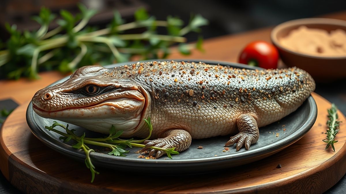 Imagem ilustrativa de uma peça inteira de lagarto crua, fresca, com textura visível, sobre bancada de cozinha com especiarias e ervas ao redor