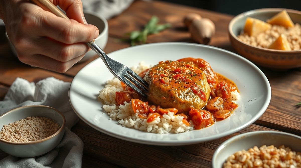 Imagem detalhada de sarapatel sendo servido em um prato branco com arroz e farinha de mandioca ao lado, foco nos miúdos suínos e especiarias, ambiente de cozinha rústica