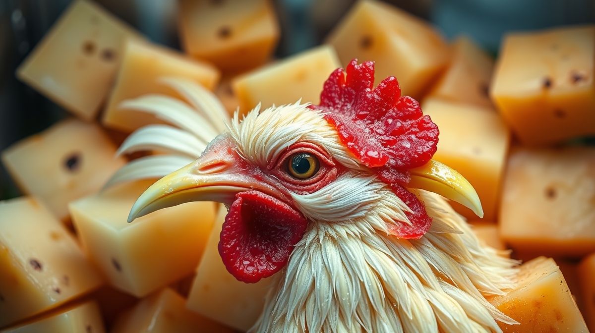 Imagem detalhada de coxa e sobrecoxa de frango em cubos sendo dourados em frigideira com cebola e alho, mostrando textura e cores vivas