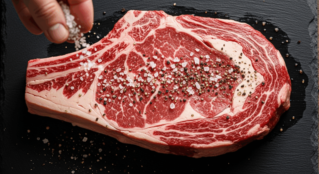 Um bife ancho cru, cortado grosso e com belo marmoreio, sendo temperado com sal grosso e pimenta-do-reino sobre uma superfície de ardósia escura antes do cozimento. Foto de ângulo alto, com foco na textura da carne.