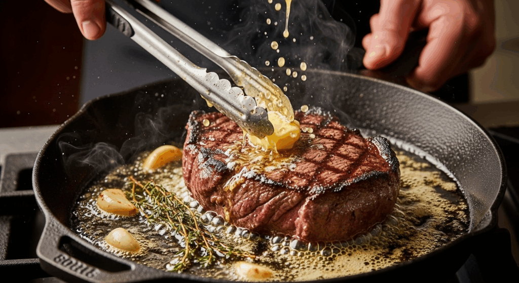A mão de um chef usa pinças para regar um bife ancho escaldante em uma frigideira de ferro fundido quente com manteiga derretida, alho e tomilho. A manteiga está espumando e dourada. Cena de ação mostrando o processo de cozimento.