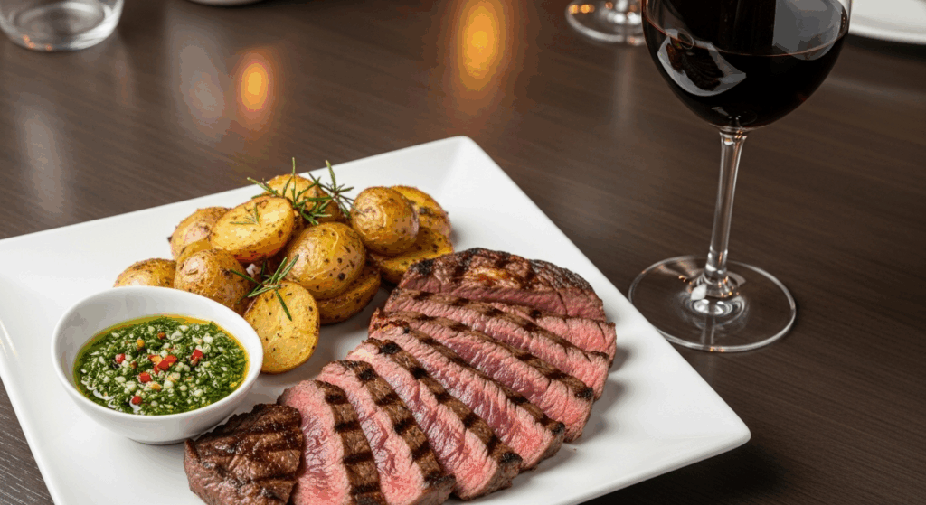 Uma refeição lindamente apresentada, com fatias de bife ancho grelhado, acompanhadas de batatas rústicas assadas e um molho chimichurri vibrante em uma tigela pequena. Uma taça de vinho tinto está por perto. Jantar elegante.