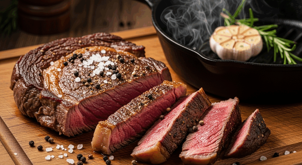 Um bife ancho perfeitamente cozido, fatiado para revelar um interior suculento e rosado, ao ponto, sobre uma tábua de corte rústica de madeira. Uma frigideira de ferro fundido é visível ao fundo, com um raminho de alecrim e um dente de alho. Iluminação quente e dramática. Estilo fotográfico fotorrealista de alimentos.