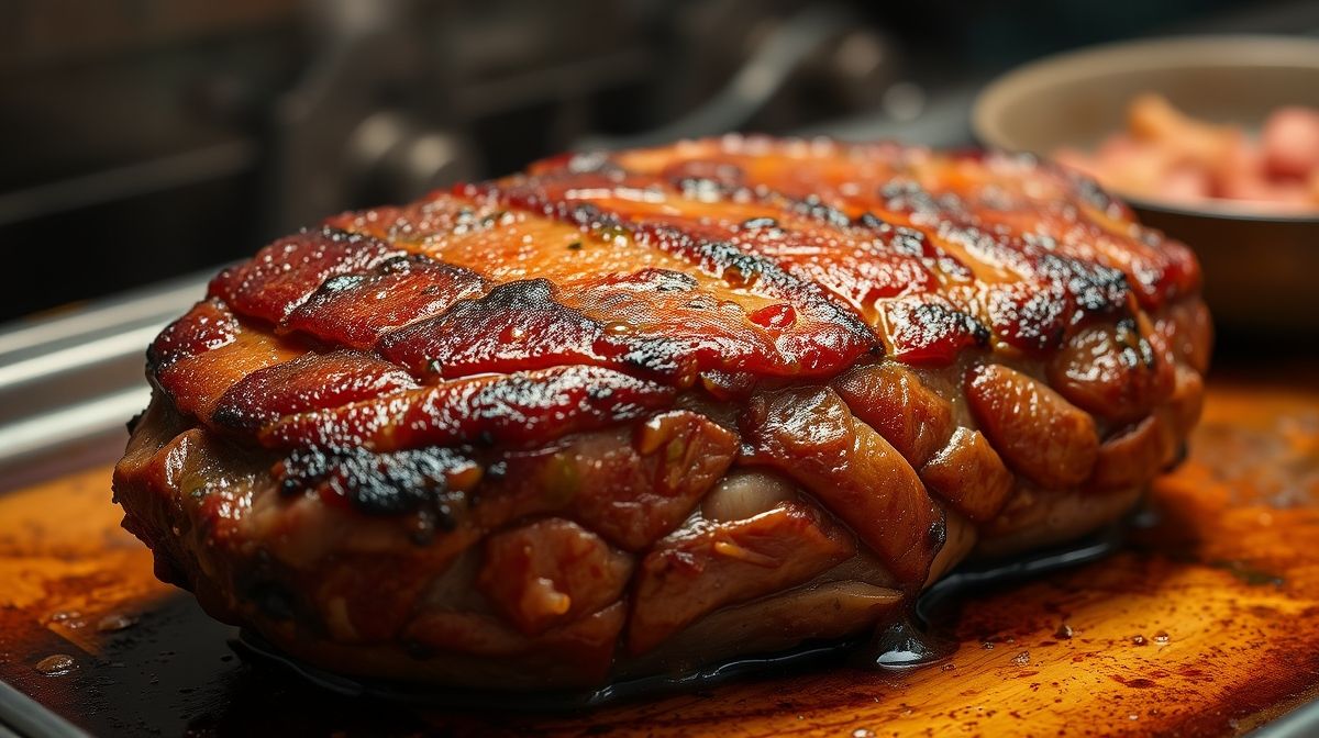 Imagem detalhada da carne de acém assada na panela de pressão, mostrando textura macia e molho encorpado, fundo desfocado de cozinha
