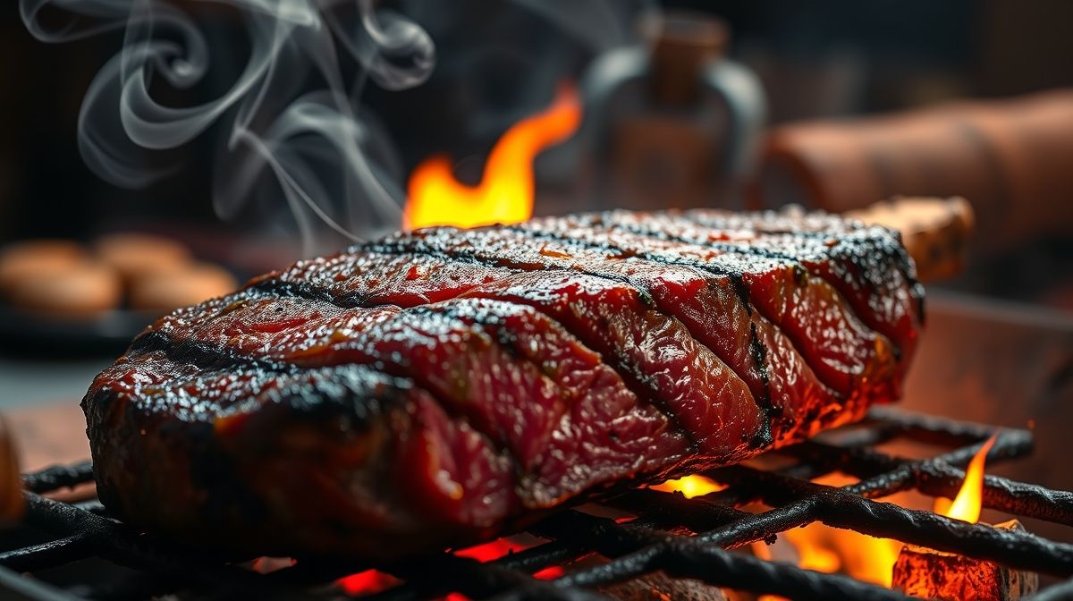Close-up de peça de alcatra com maminha na brasa, destaca a textura macia e gordura da carne, fumaça suave e brasa incandescente, cenário rústico de churrasco