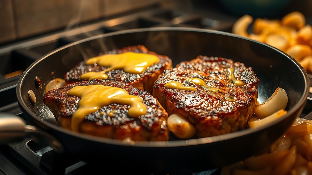 Imagem close-up de bifes de alcatra dourados na frigideira com molho cremoso de mostarda, detalhes da carne sendo selada, textura suculenta e destaque para ingredientes como alho e cebola, ambiente de cozinha caseira