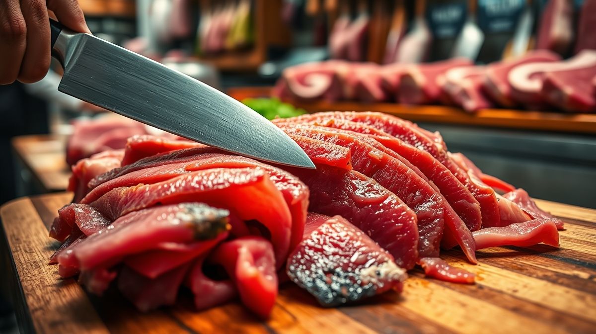 tiras finas de alcatra sendo cortadas com faca afiada sobre tábua de madeira, carne vermelha e fresca, ambiente de açougue bem iluminado, foco nos detalhes do corte