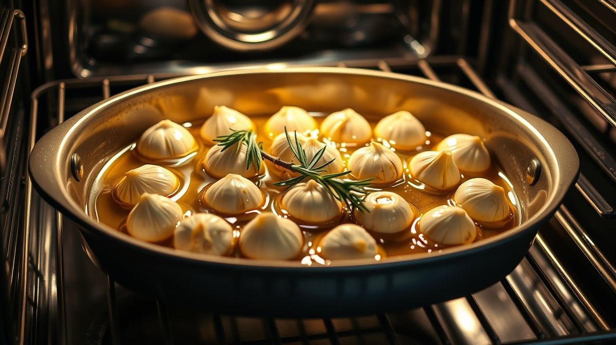 Imagem de uma assadeira com dentes de alho cobertos por azeite de oliva e ramos de alecrim, pronta para ir ao forno, mostrando textura e brilho do azeite em cozinha moderna