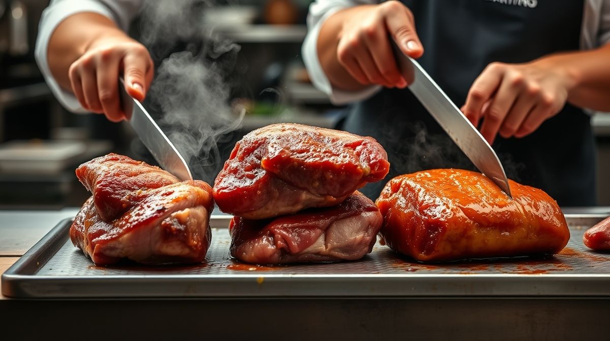 Passo a passo mostrando técnicas diferentes de amarrar carne com barbante culinário, incluindo amarração simples, em X, borboleta e em rede, em ambiente de cozinha profissional