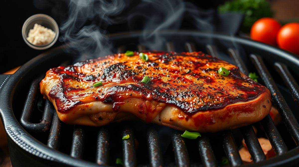 Imagem passo a passo da preparação de bisteca ao molho barbecue, mostrando ingredientes frescos e a marinada, estilo culinária caseira, fundo de cozinha moderna