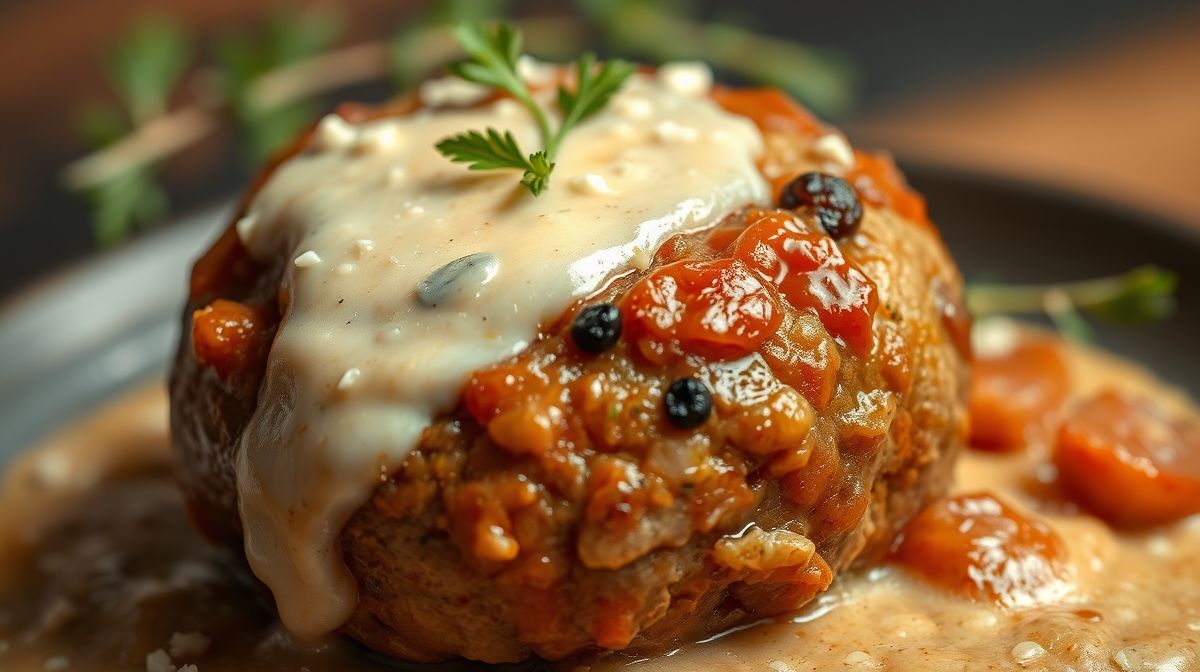 close-up de bolinho de carne moída com creme de cebola recheado com queijo derretido, textura crocante, prato branco, luz natural
