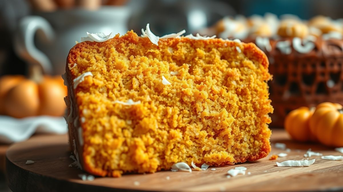 Imagem close-up de um pedaço de bolo de abóbora com coco cortado, mostrando a textura úmida e os flocos de coco ralado, com fundo desfocado de utensílios de cozinha em estilo aconchegante