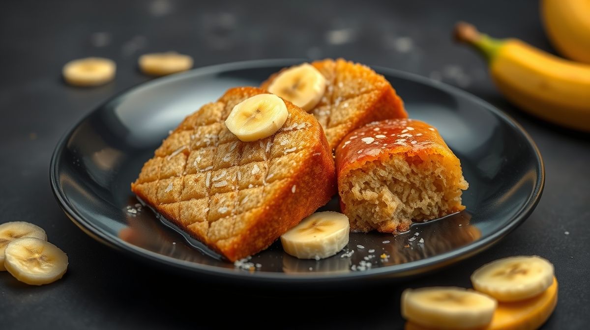 Imagem detalhada de fatias de bolo de banana caramelizada com pedaços de banana caramelizada visíveis, servidas em um prato branco com decoração simples, em fundo neutro