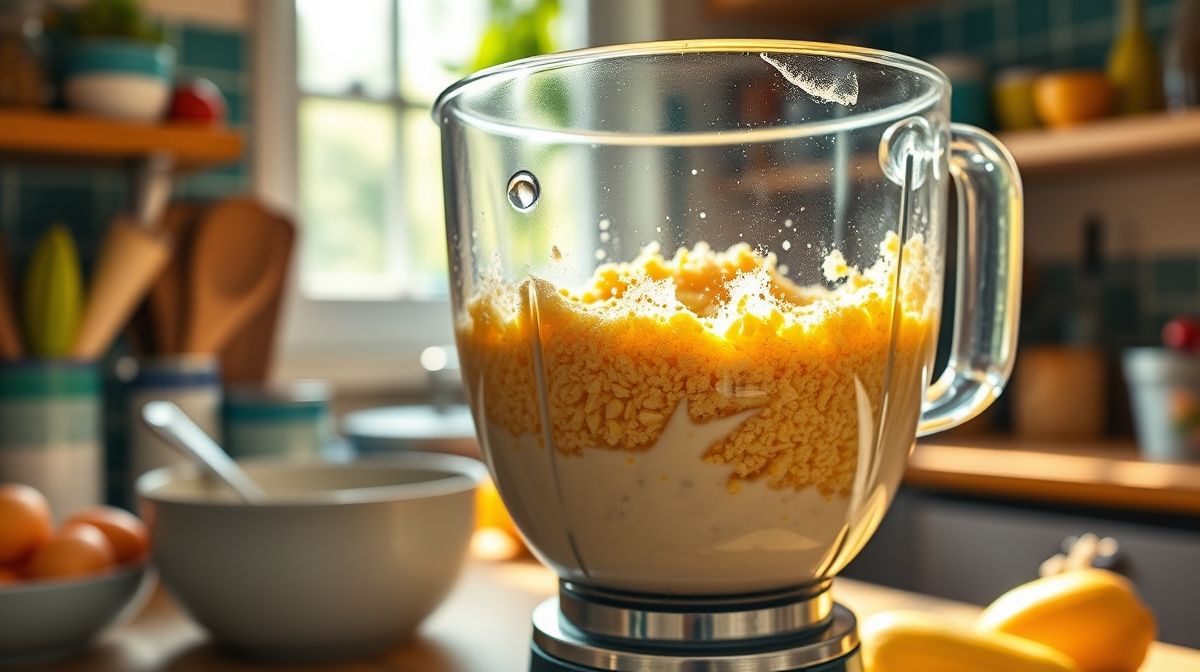 Preparação da massa para bolo de milho com fubá no liquidificador, ingredientes frescos visíveis como milho verde, ovos, leite e fubá, ambiente de cozinha acolhedora, foco nos utensílios e textura cremosa da massa