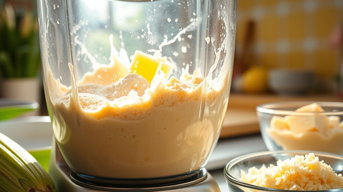 Close-up da massa de bolo de milho com queijo cremoso sendo batida no liquidificador, mostrando ingredientes frescos como milho verde e queijo parmesão em vaso de vidro ao lado, em cozinha bem iluminada