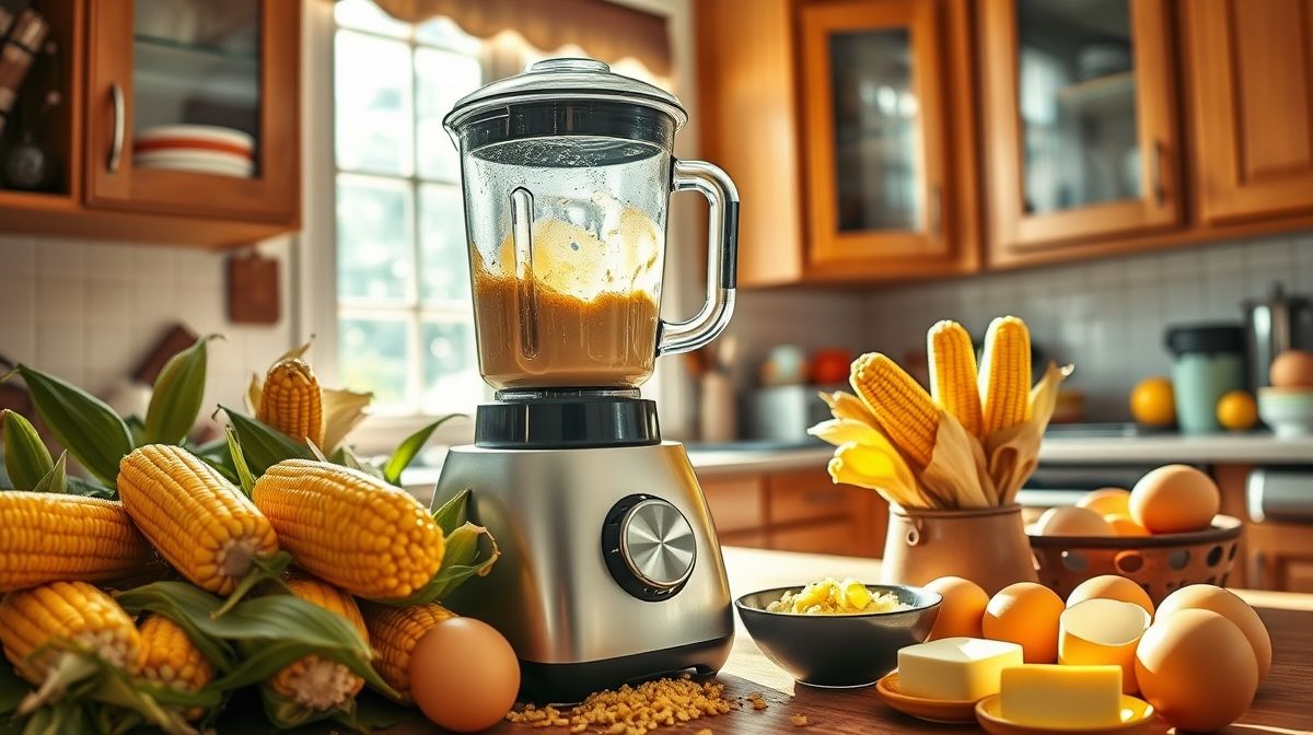 Massa de bolo de milho sendo batida no liquidificador, ingredientes frescos como espigas de milho, ovos e manteiga ao redor, cozinha caseira limpa e organizada