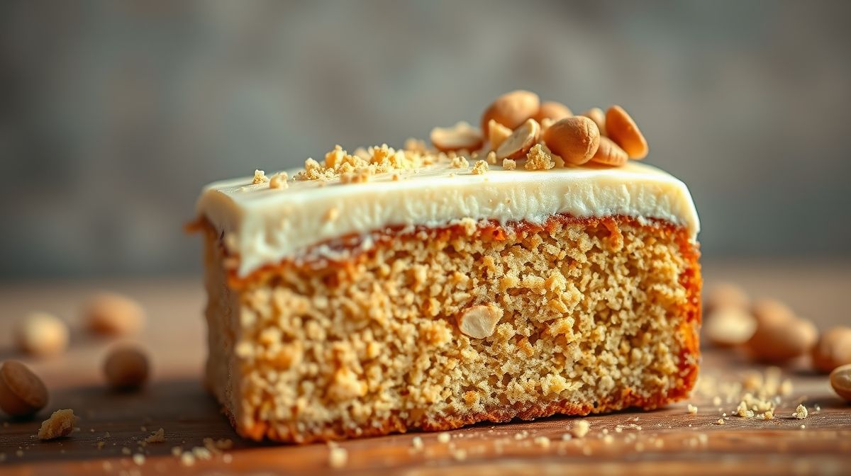 close-up de uma fatia de bolo de paçoca simples com cobertura cremosa, em fundo desfocado, iluminação suave, foco no detalhe da textura com pedaços de amendoim e paçoca, estilo food photography