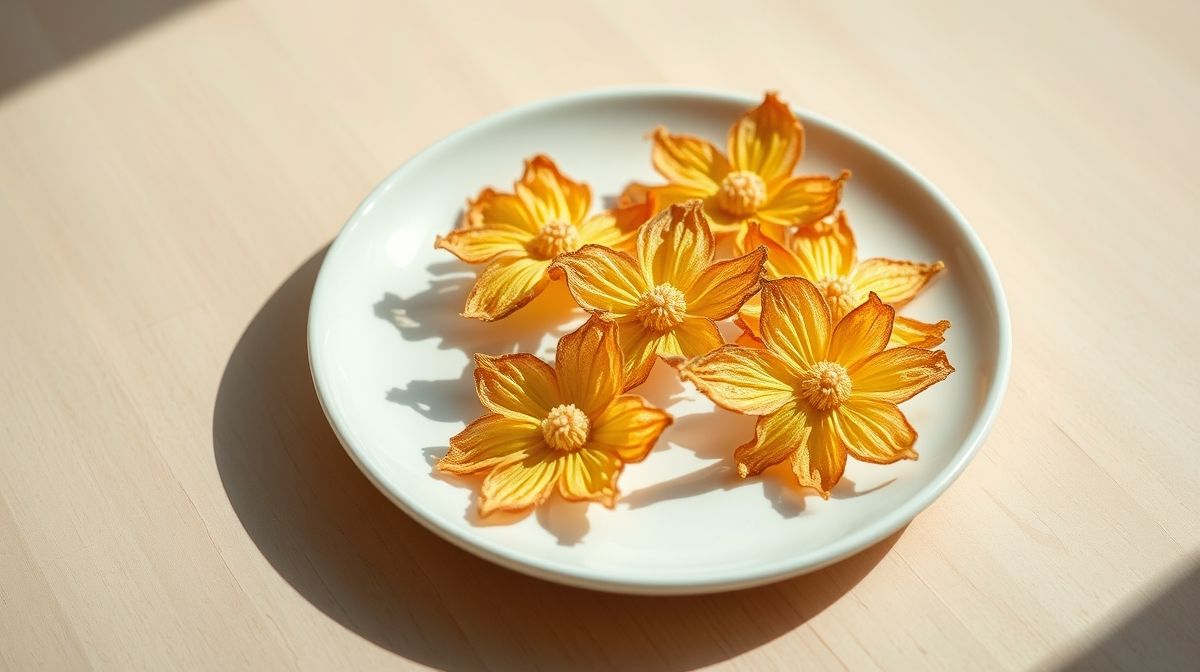 Close-up das flores de abacaxi desidratadas em formato de flor, delicadas e crocantes, apresentadas em um prato branco simples sobre uma superfície de madeira clara, estilo macro fotográfico culinário