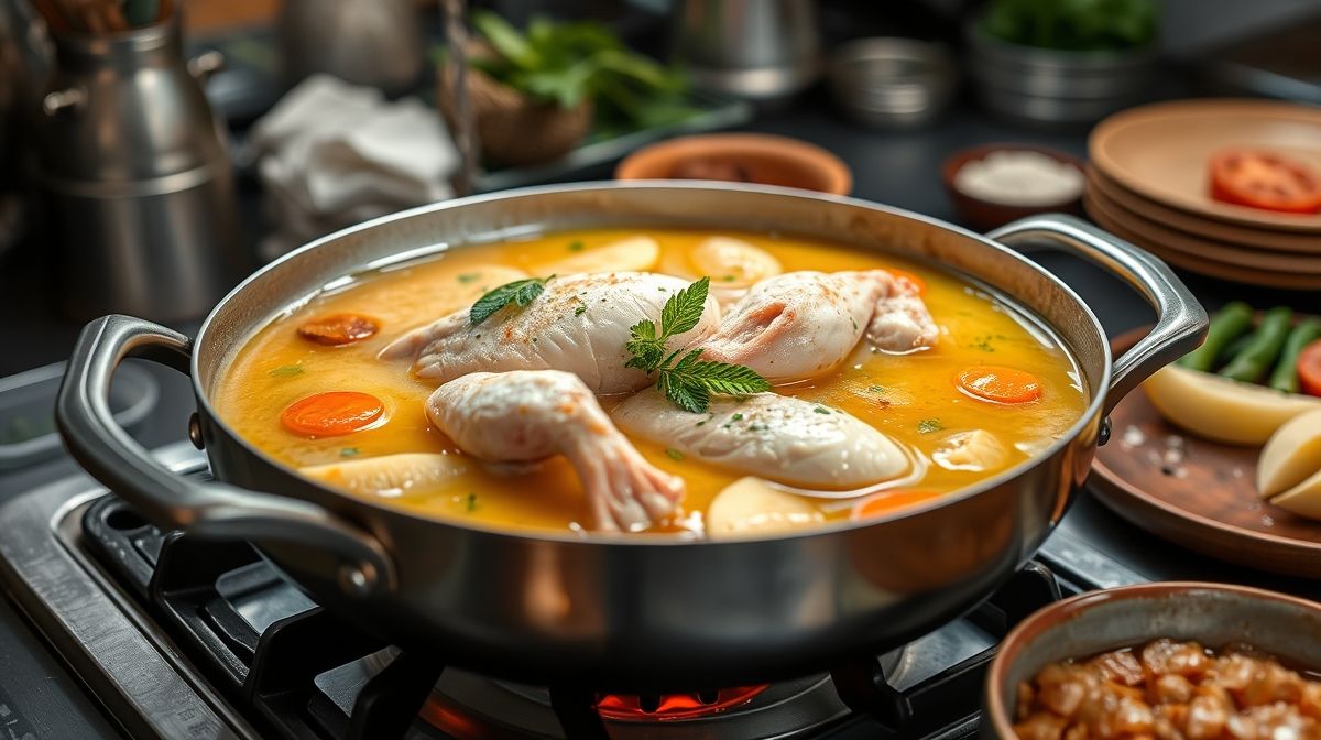 Processo de preparo de caldo de frango com mandioca, panela grande com caldo quente, ingredientes frescos ao redor, cozinha profissional para grandes volumes