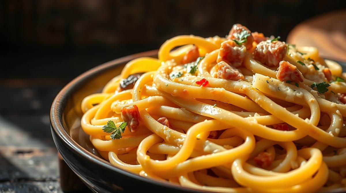 Imagem close-up de fettuccine com carbonara de mortadela, mostrando tiras douradas de mortadela e molho cremoso, sobre fundo rústico de madeira escura, luz natural destacando cores vivas