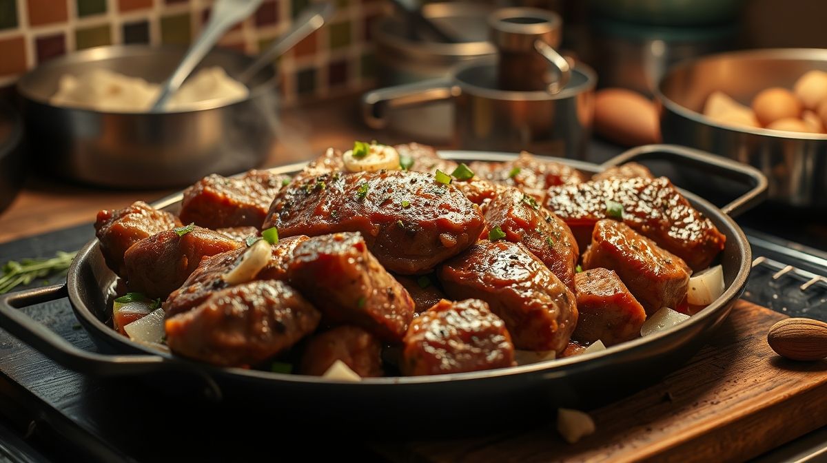Imagem detalhada de carne bovina em cubos dourando em panela com cebola, alho e especiarias, ambiente de cozinha caseira, iluminação quente e realce no processo de cocção