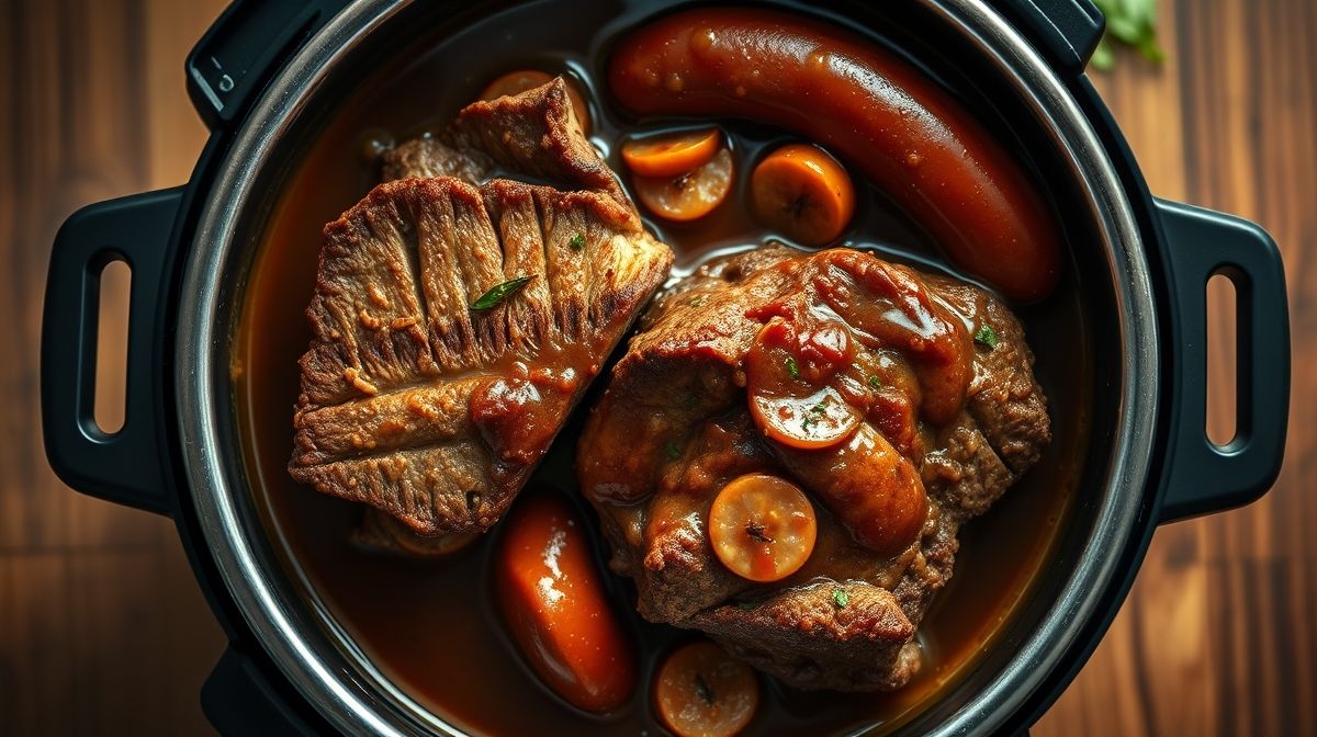Foto detalhada da carne com linguiça calabresa cozida na panela de pressão, com textura suculenta e molho encorpado, vista superior, estilo culinária brasileira, luz natural suave