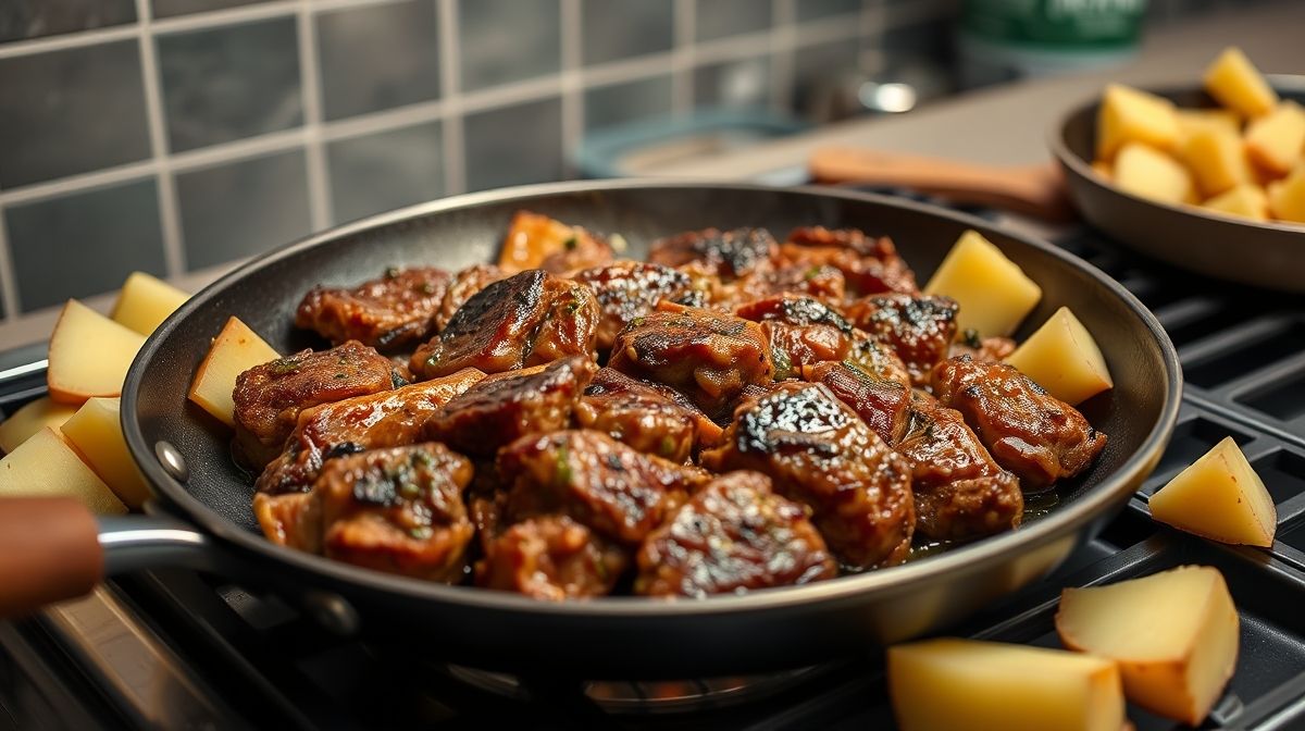 Imagem detalhada do preparo da carne de panela com batata doce, com carne suculenta dourando na panela de pressão e batatas doces cortadas em cubos grandes ao lado, ambiente de cozinha moderna.