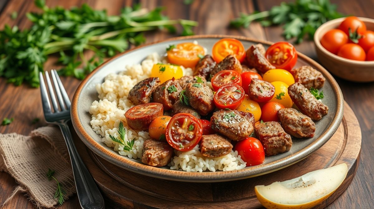 Imagem de um prato principal com carne rápida para almoço, incluindo cubos de carne refogados com legumes coloridos, molho de tomate, servido em prato rústico com decoração de ervas frescas, estilo caseiro e apetitoso