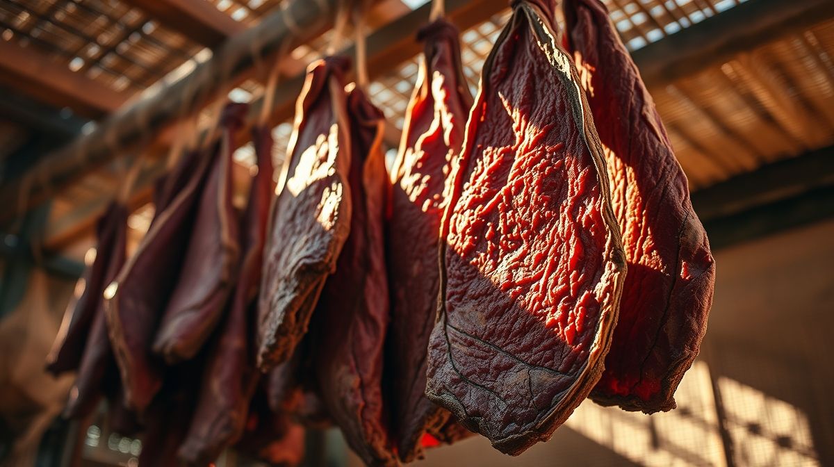 close-up de carne seca pendurada em ambiente seco e ventilado, textura detalhada e iluminação natural
