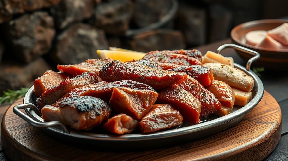 Imagem detalhada de uma tábua com diferentes tipos de carnes para churrasco (picanha, contrafilé, alcatra, linguiça, coração de frango) dispostas artisticamente, iluminação natural, fundo rústico