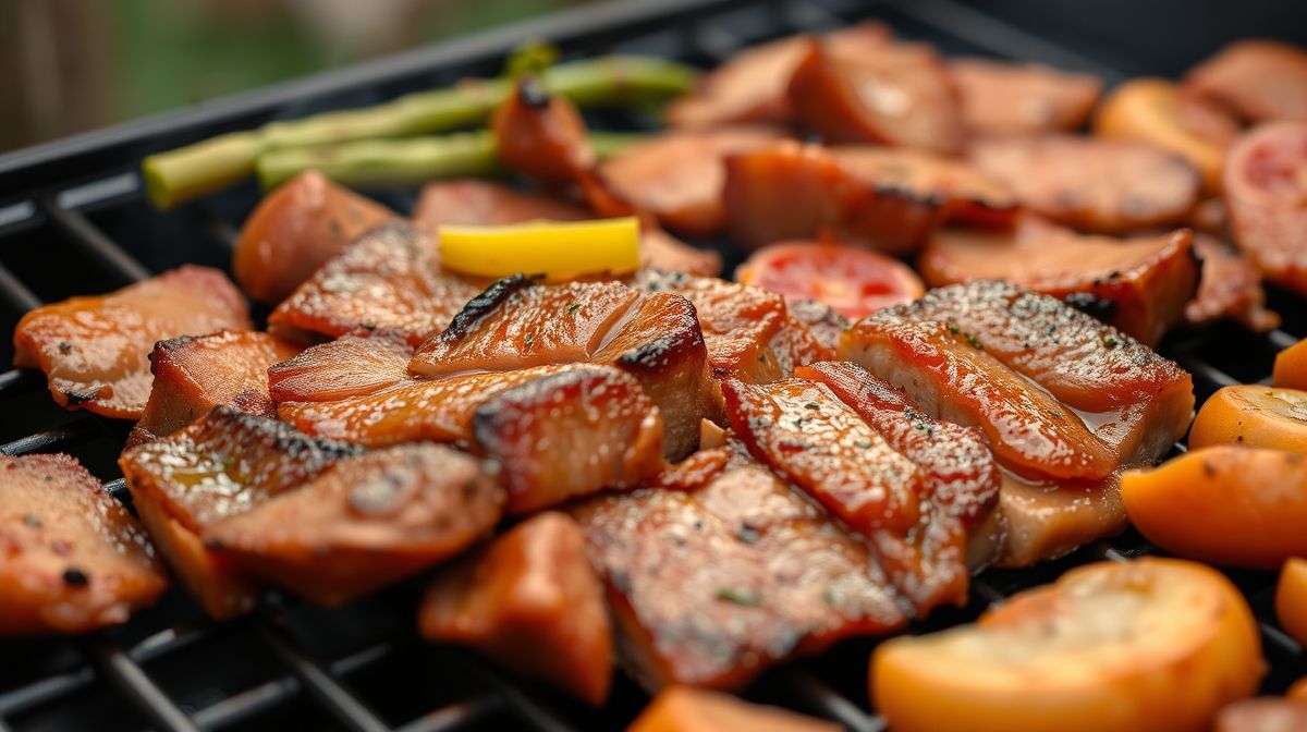 Close-up de cortes suculentos de carne sendo preparados na churrasqueira, com destaque para picanha, linguiça toscana e asas de frango assando sobre as brasas