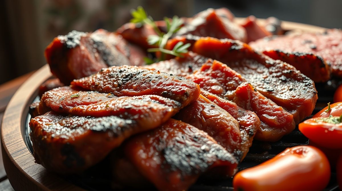 Close em diferentes cortes de carne crus para churrasco dispostos em tábua de madeira, com temperos naturais como alecrim, alho e pimenta ao lado, luz natural e foco nos detalhes da carne