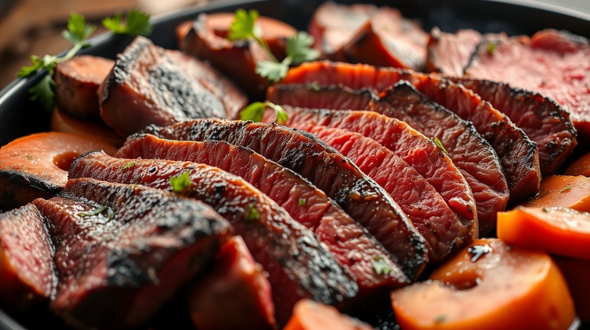 Close em cortes de carne variados para churrasco, incluindo picanha, costela e fraldinha, exibidos em uma tábua de madeira com temperos frescos, estilo culinário detalhado