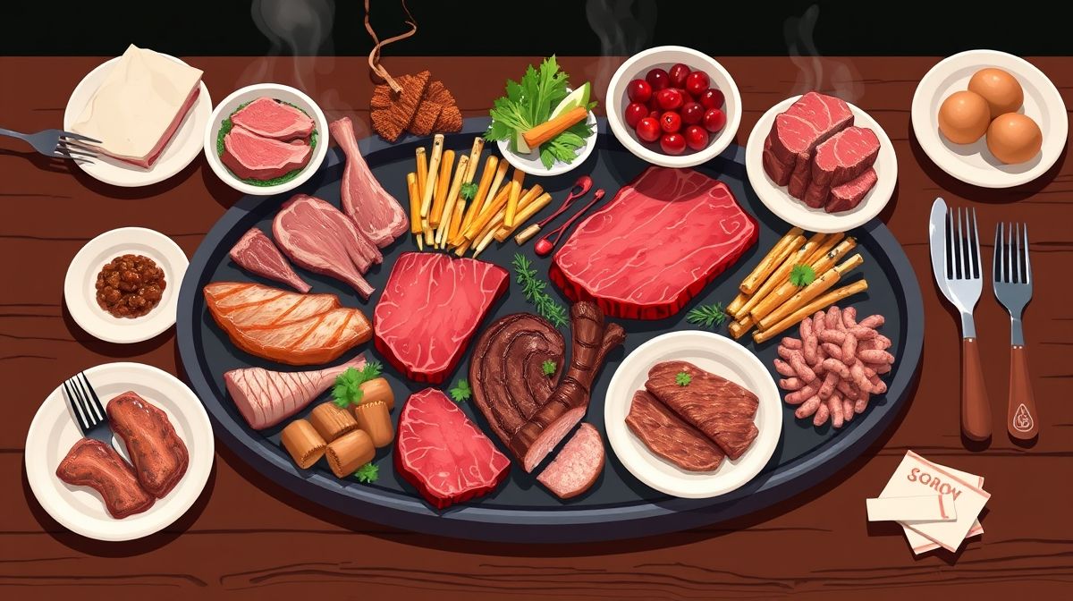 Imagem ilustrativa mostrando cortes variados de carnes para churrasco dispostos em uma mesa rústica, incluindo carne bovina, aves e linguiças, com utensílios de churrasco ao lado, estilo gastronômico e apetitoso