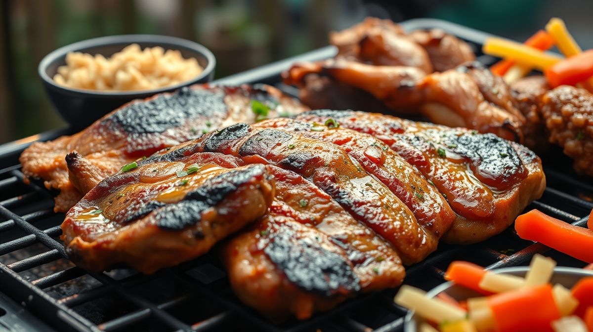 Detalhe de carnes suína, bovina e frango assando na churrasqueira com acompanhamentos tradicionais como farofa e salada, estilo fotográfico realista e apetitosa